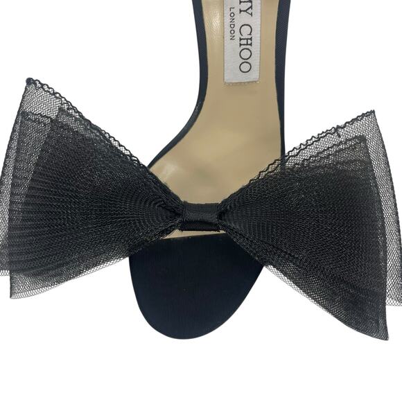 Jimmy Choo Aveline 100 Black Sandal Grosgrain Mesh Fasincator Bow Size 39 - Picture 13 of 16